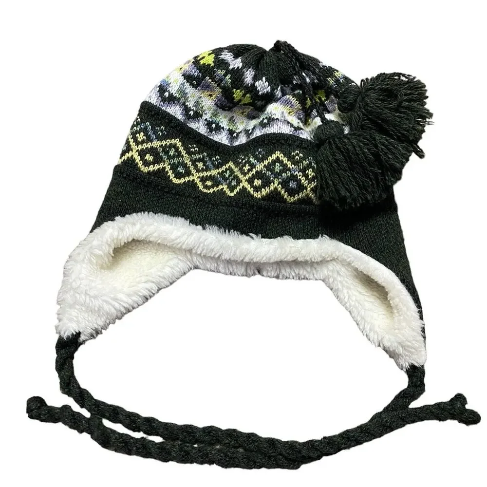 McBurn German Winter Beanie Boys Green Cream Wool Tassals Ear Covers Knit Hat